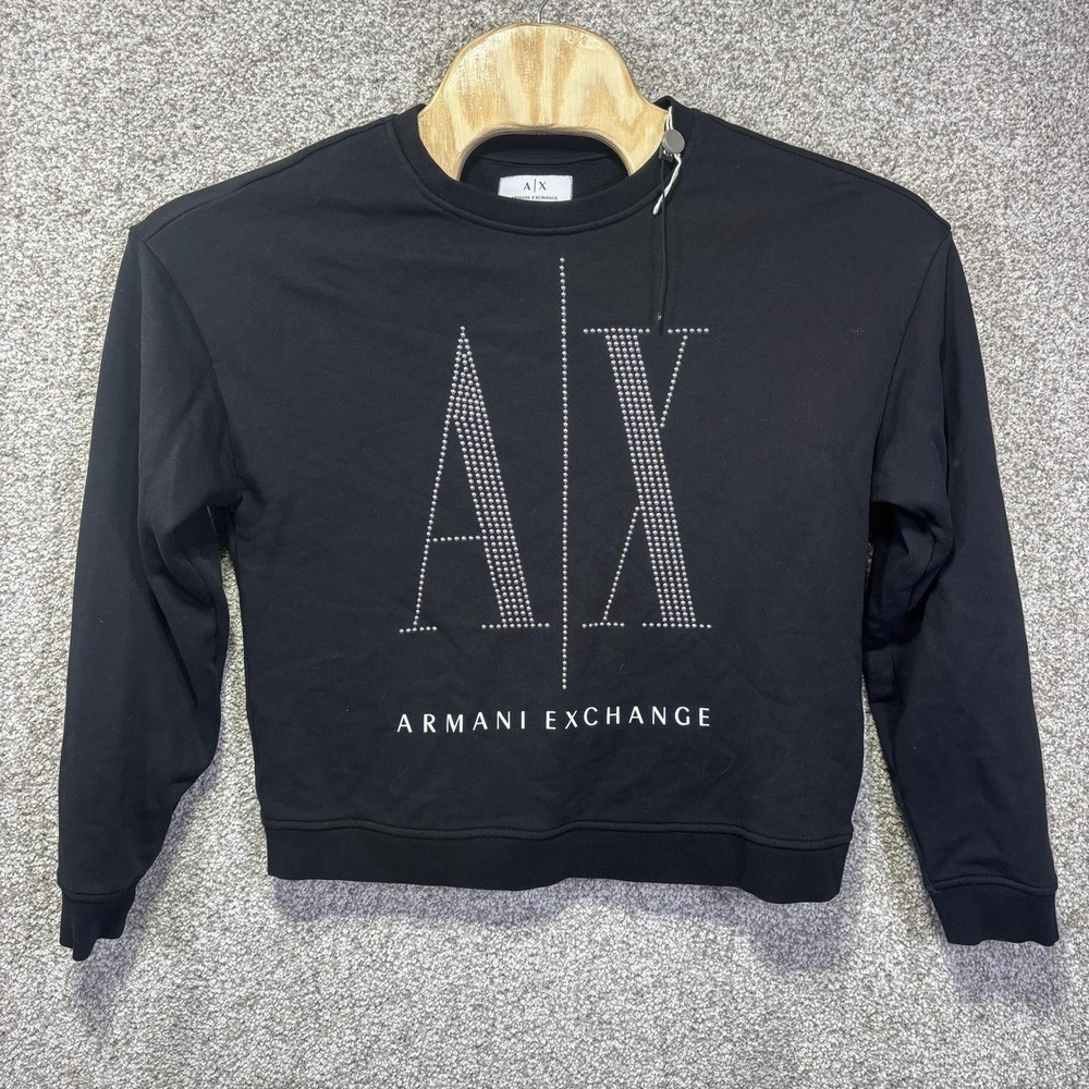 Armani Exchange Sweatshirt Womens L Black AX Rhinestone Logo Icon 8NYM01 YJ68Z